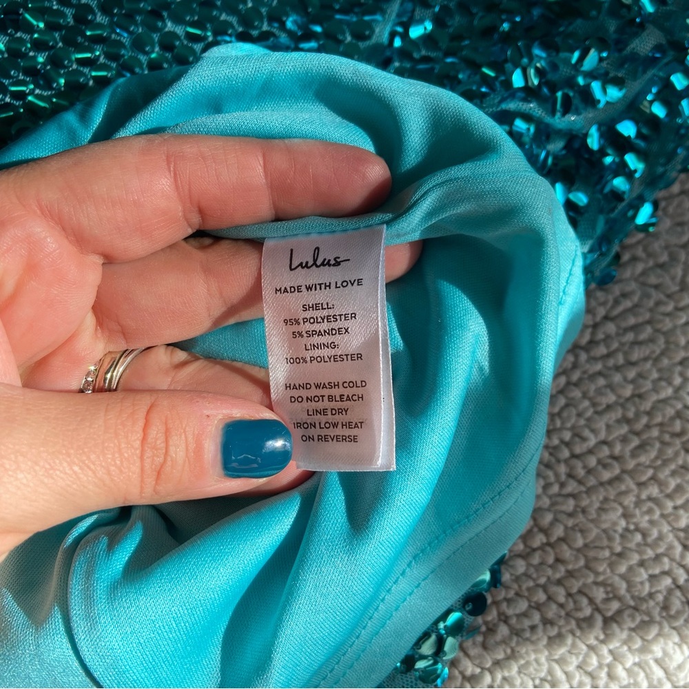NWOT Lulus Glittering Nights Aqua Blue Sequin Off-the-Shoulder Mini Dress - Picture 9 of 9